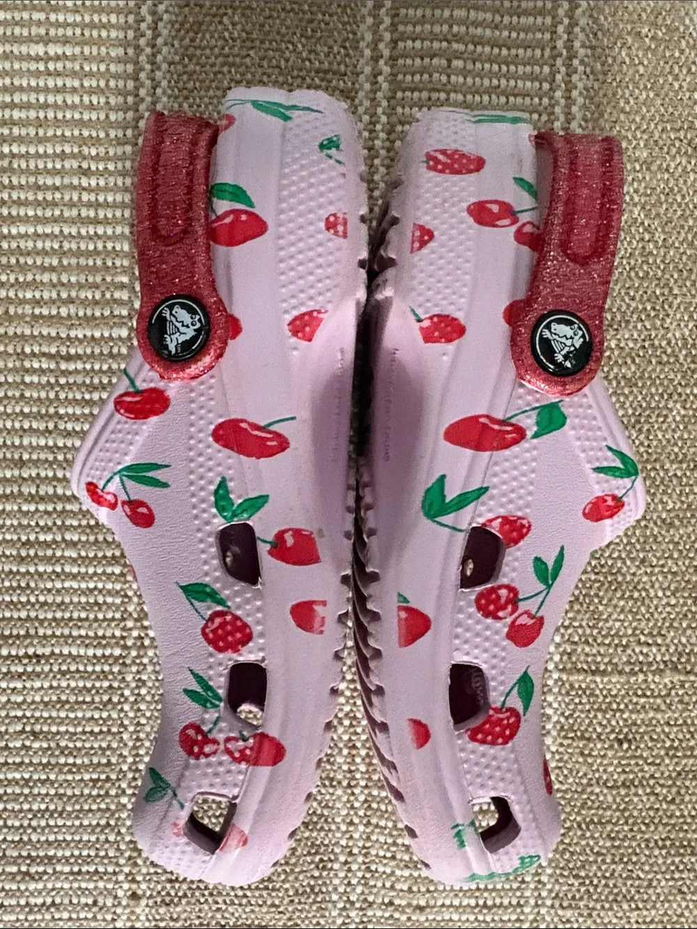 CROCS Class Kids Pink Cherry-Print Clogs with Red Glitter Heel Strap.  Size-2